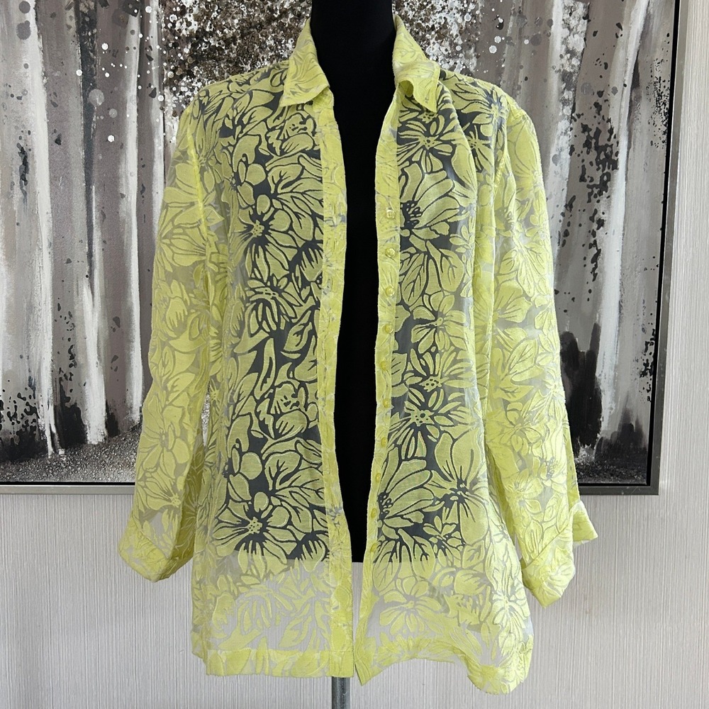 CHICOS Bright Yellow Semi-Sheer Floral Devore Pattern Button-Down Shirt - 3 / XL